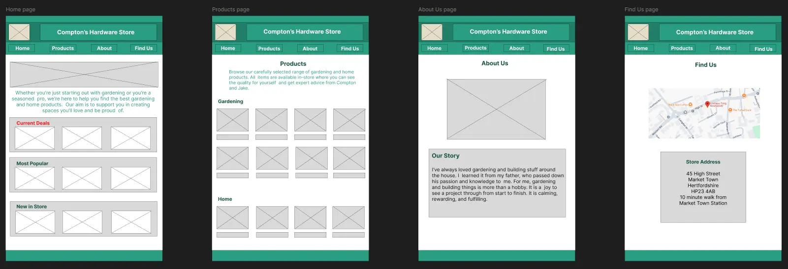 Figma hi-fi mockup showing the home page, products page, about us page and find us page for Compton's Hardware Store