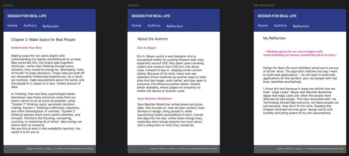 Figma hi-fi mockup showing the home page, authors page and reflection page for the typesetting project